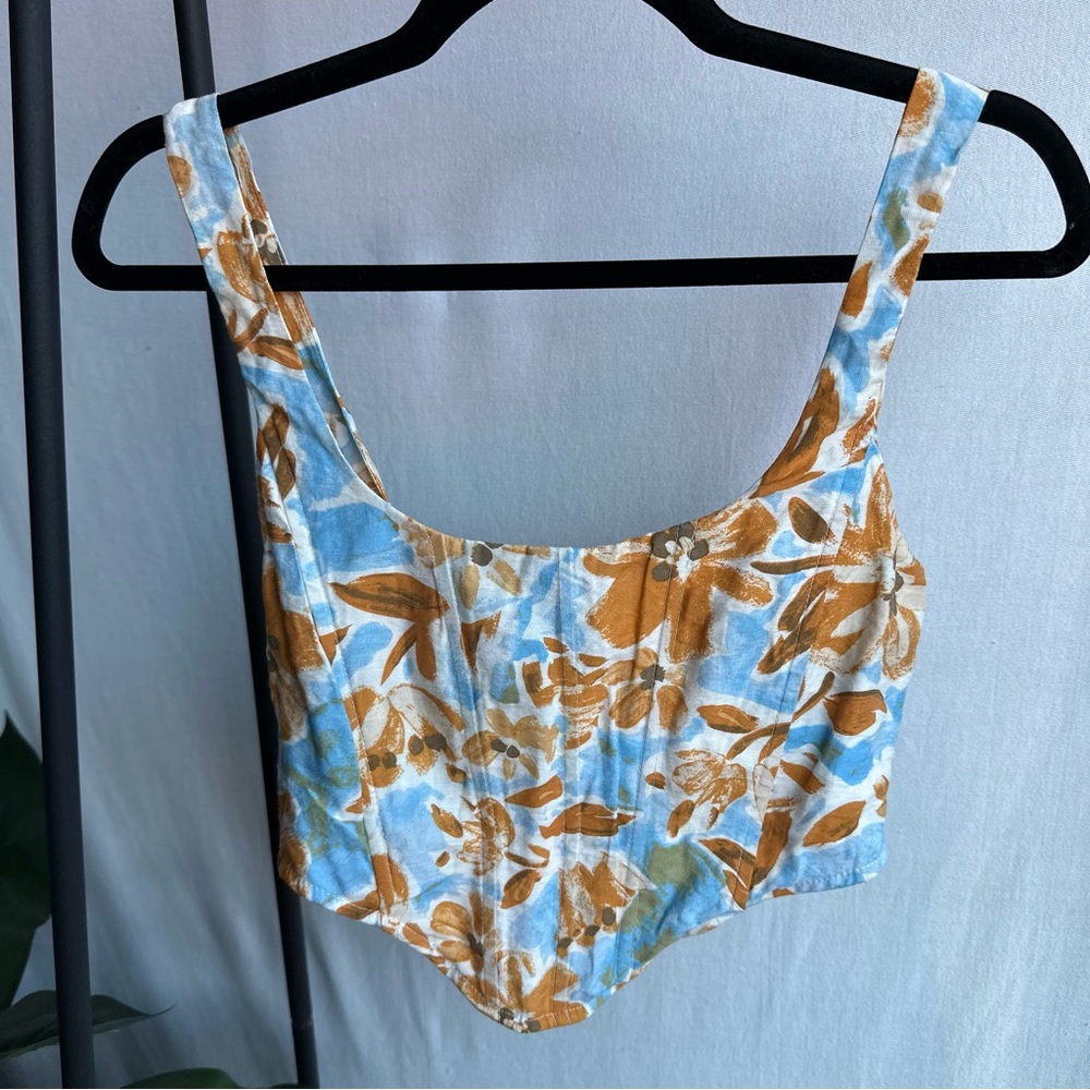 Edit by Nine Floral Orange and Blue Corset Cropped Tank / Size S